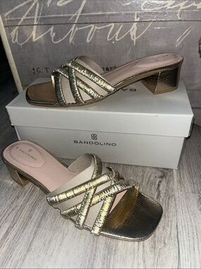 Bandolino Gold Metallic Braided Strap Low Block Heel Mules